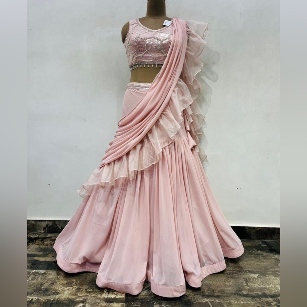 Elegant Blush Pink Ruffled Wedding Lehenga Set